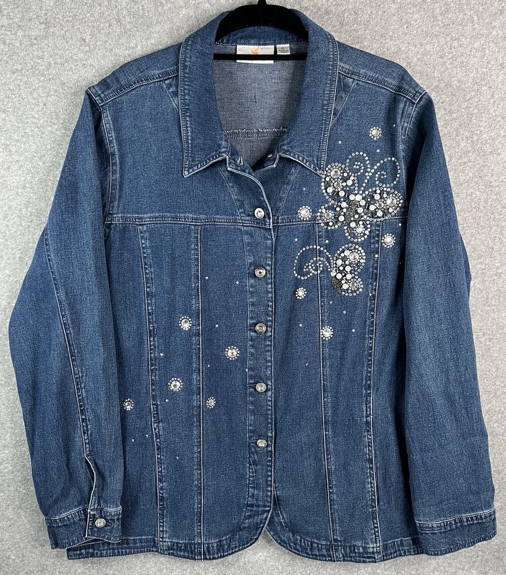 Quacker Factory Womens XL Denim Jacket Rhinestone Pearl Butterfly Embellished